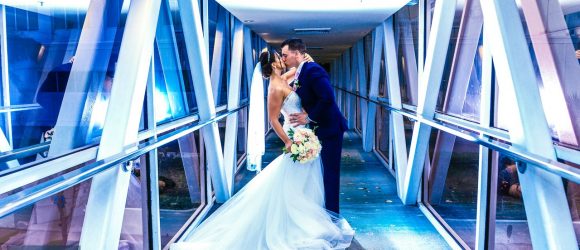 backlit wedding couple